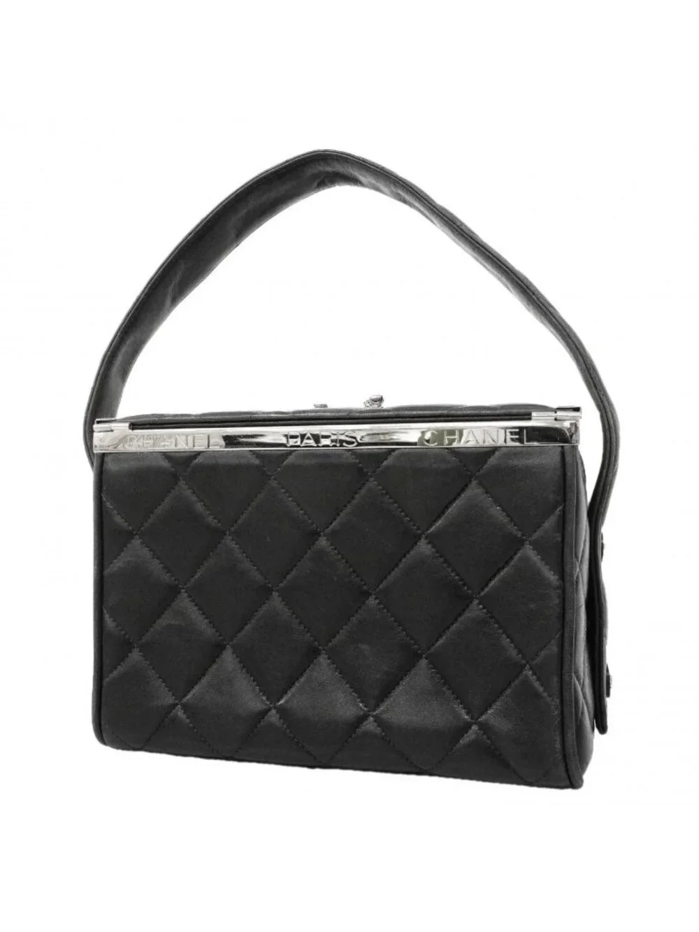 Chanel Handbag Quilted Lambskin Black Silver